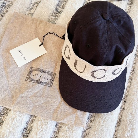 Gucci LOGO Black Canvas White Womens Cabardine Baseball Hat Cap S *Authentic - Picture 2 of 8